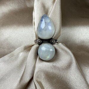 Silver Rainbow Moonstone Ring Pear & Round Double Natural Gemstone Jewelry 7.75